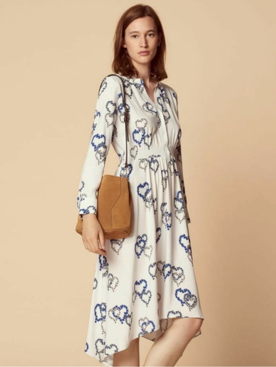 Sandro Dresses & Skirts - Sandro White Long Sleeve Midi Dress with Blue Heart Print, Size 6